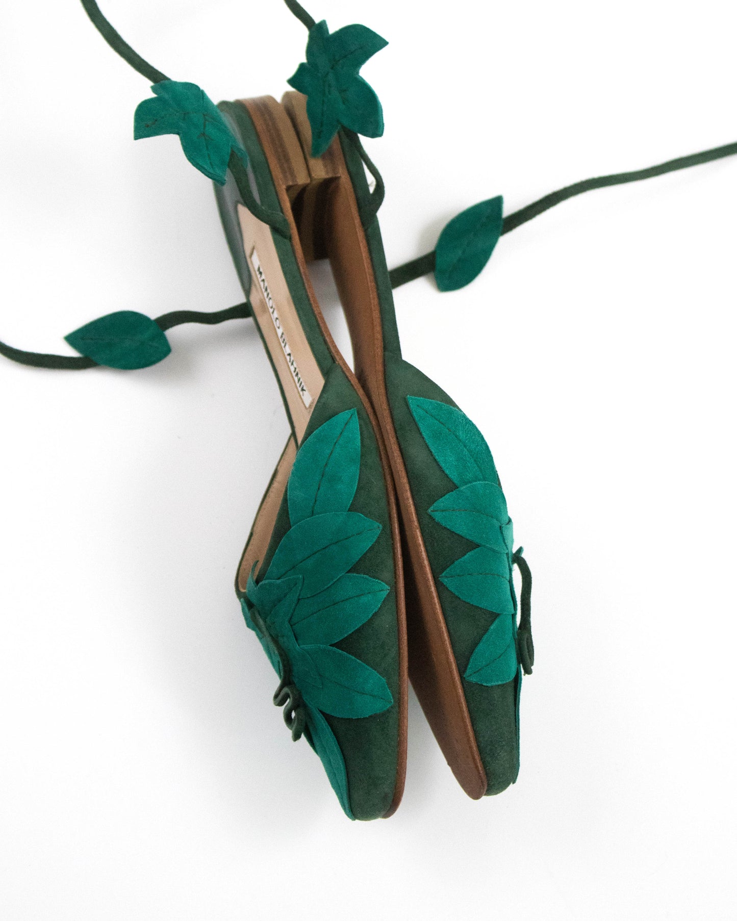 Manolo Blahnik Green Leaf Applique Lace Up Flats / 37 (US 7)