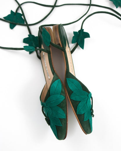 Manolo Blahnik Green Leaf Applique Lace Up Flats / 37 (US 7)