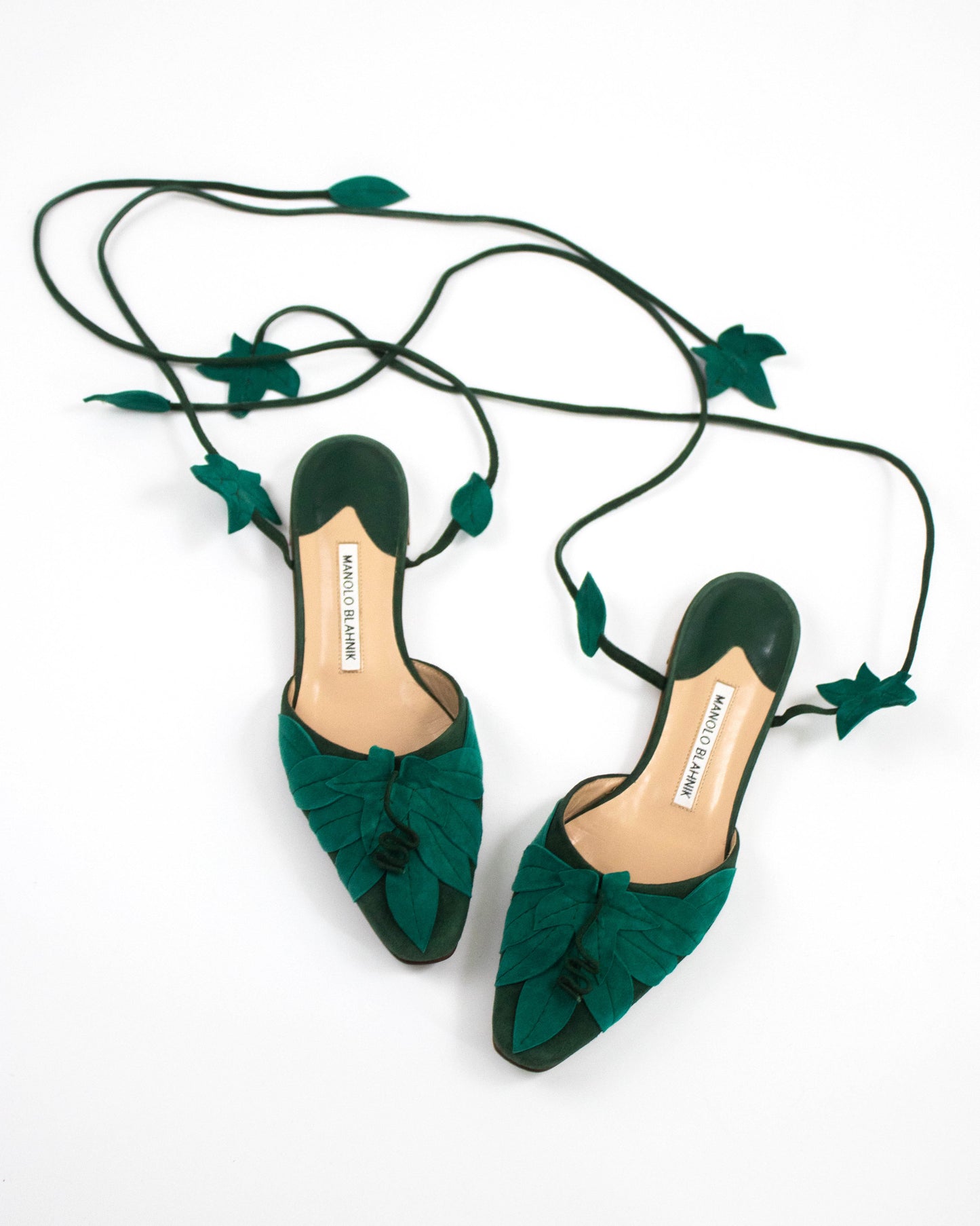 Manolo Blahnik Green Leaf Applique Lace Up Flats / 37 (US 7)