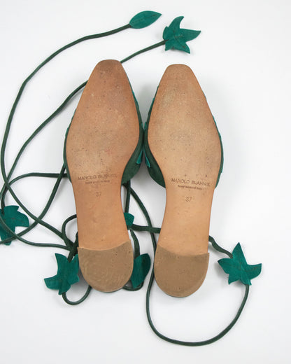 Manolo Blahnik Green Leaf Applique Lace Up Flats / 37 (US 7)