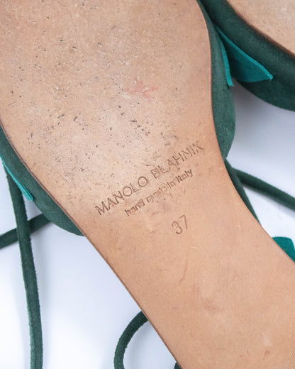 Manolo Blahnik Green Leaf Applique Lace Up Flats / 37 (US 7)