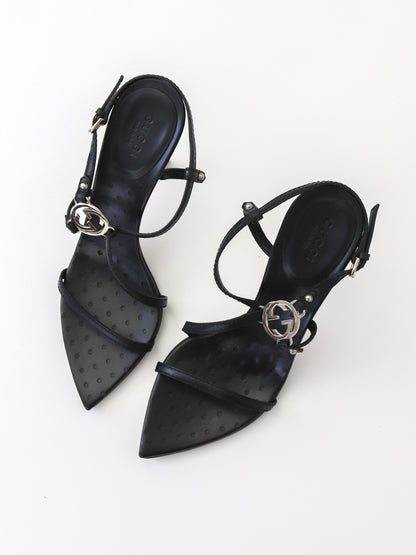 Vintage Gucci by Tom Ford Black Interlocking G Logo Strappy Sandals / 37 (US 7)