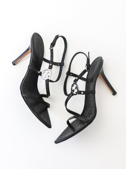 Vintage Gucci by Tom Ford Black Interlocking G Logo Strappy Sandals / 37 (US 7)