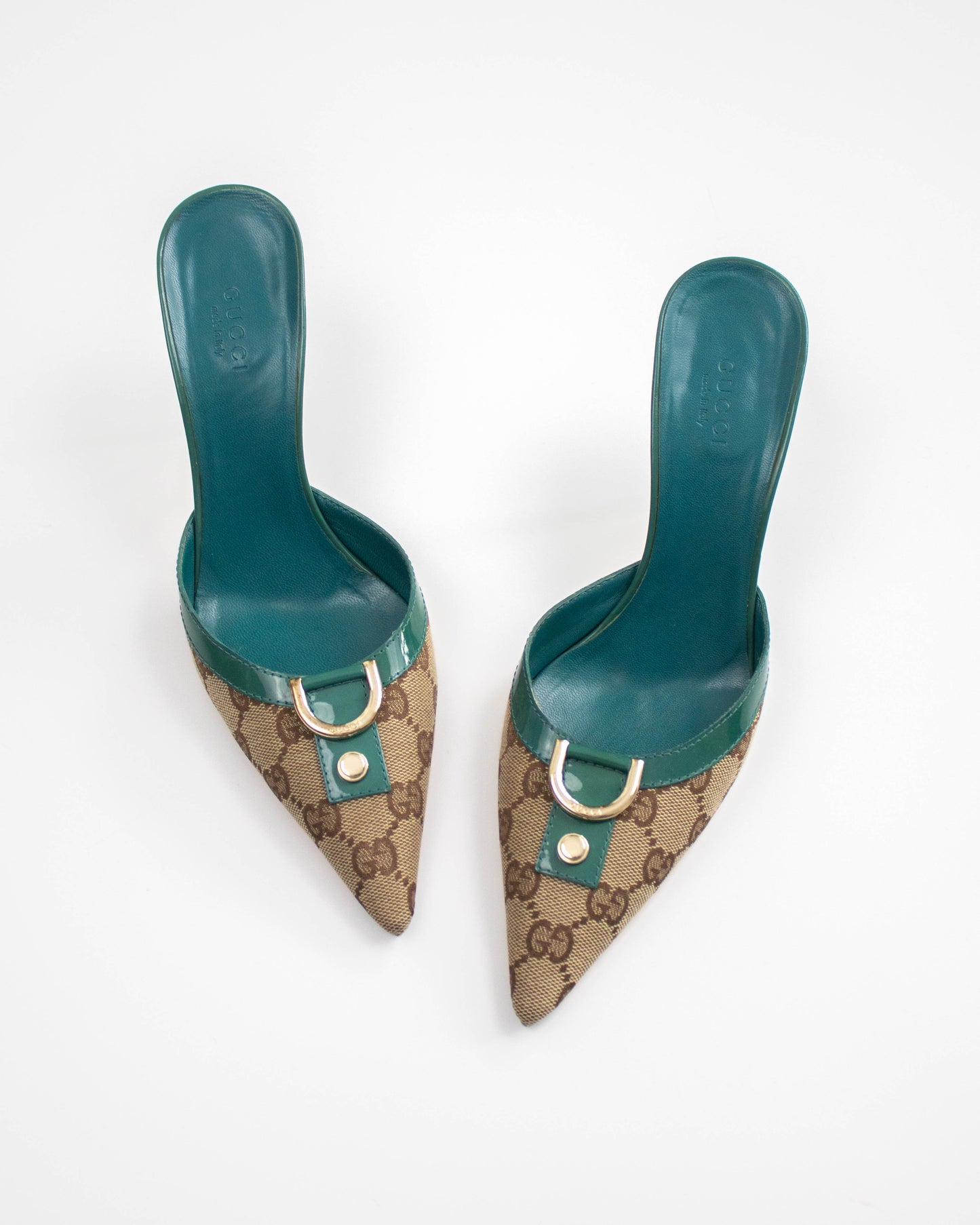 Vintage 2000s Gucci Classic Monogram Turquoise Mule Heels / 36.5 (US 6.5)