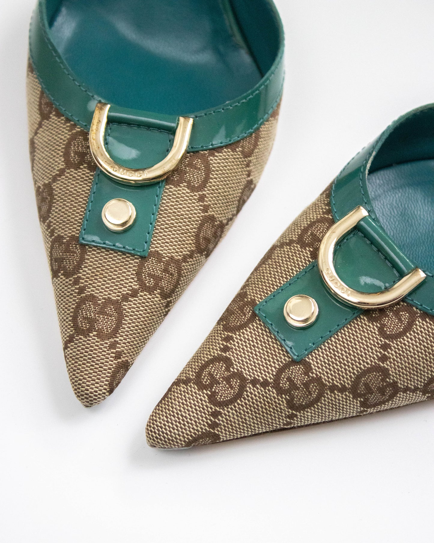Vintage 2000s Gucci Classic Monogram Turquoise Mule Heels / 36.5 (US 6.5)