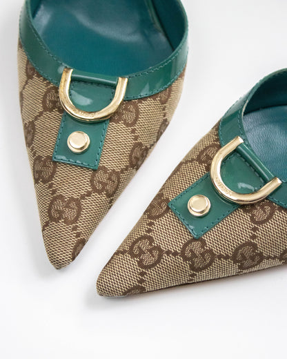 Vintage 2000s Gucci Classic Monogram Turquoise Mule Heels / 36.5 (US 6.5)
