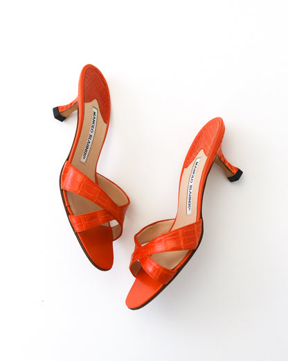 Vintage Manolo Blahnik Callamu Orange Croc Kitten Heel Mules / 36 (US 6)
