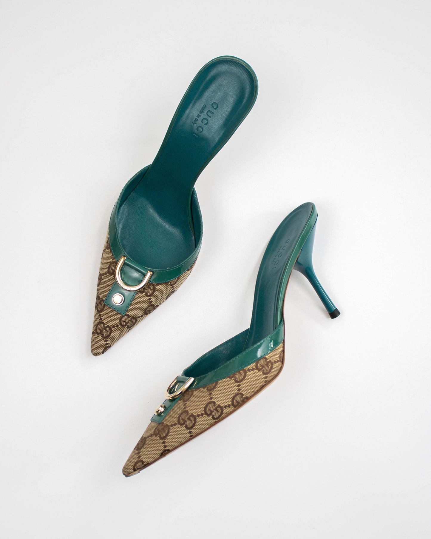 Vintage 2000s Gucci Classic Monogram Turquoise Mule Heels / 36.5 (US 6.5)