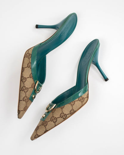 Vintage 2000s Gucci Classic Monogram Turquoise Mule Heels / 36.5 (US 6.5)