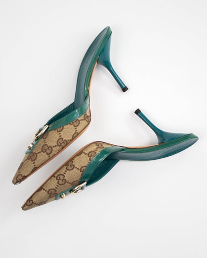 Vintage 2000s Gucci Classic Monogram Turquoise Mule Heels / 36.5 (US 6.5)