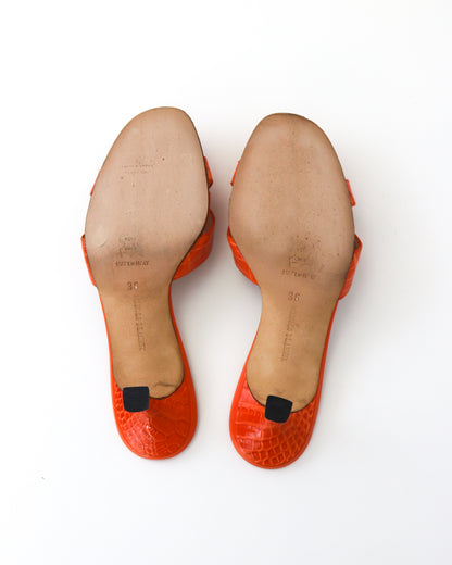 Vintage Manolo Blahnik Callamu Orange Croc Kitten Heel Mules / 36 (US 6)