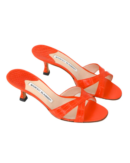 Vintage Manolo Blahnik Callamu Orange Croc Kitten Heel Mules / 36 (US 6)