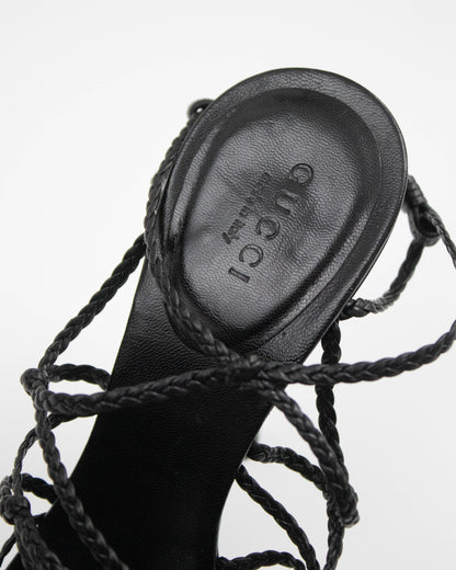 Vintage F/W 2002 Gucci by Tom Ford Black Braided Leather Stiletto Sandals / 37 (US 7)