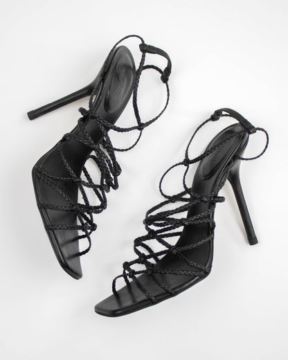 Vintage F/W 2002 Gucci by Tom Ford Black Braided Leather Stiletto Sandals / 37 (US 7)