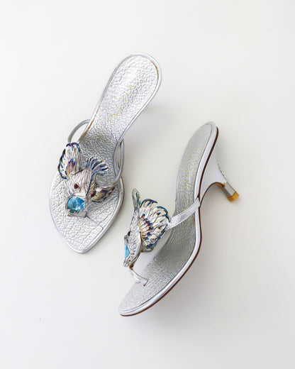 Vintage Vicini Giuseppe Zanotti Silver Fish Thong Mule Heels / 37 (US 7)