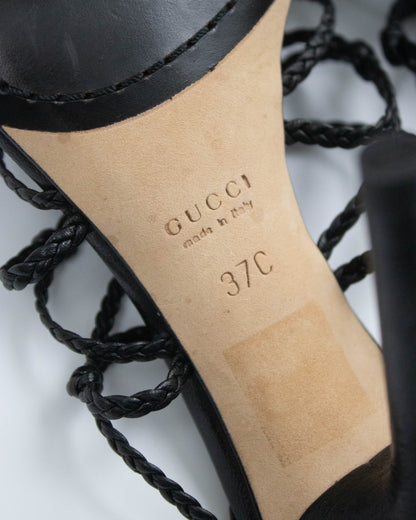 Vintage F/W 2002 Gucci by Tom Ford Black Braided Leather Stiletto Sandals / 37 (US 7)
