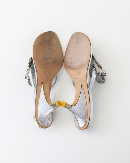 Vintage Vicini Giuseppe Zanotti Silver Fish Thong Mule Heels / 37 (US 7)