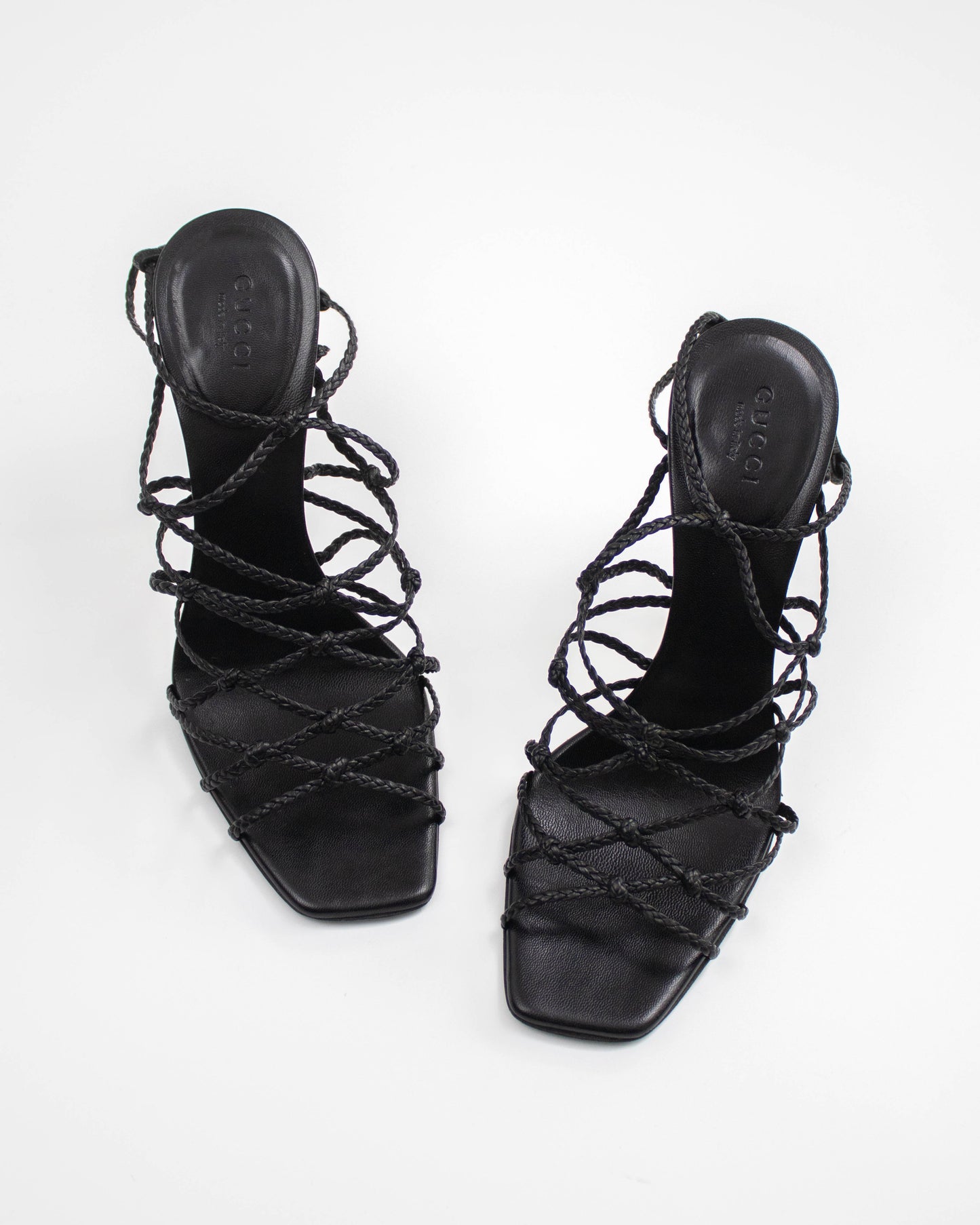 Vintage F/W 2002 Gucci by Tom Ford Black Braided Leather Stiletto Sandals / 37 (US 7)