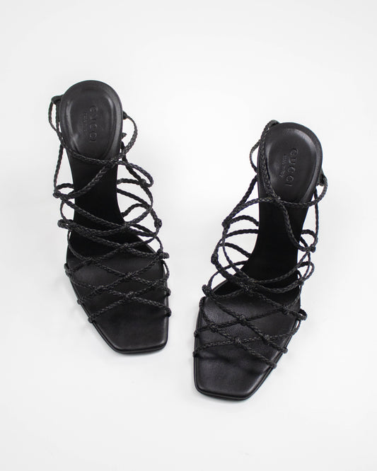 Vintage F/W 2002 Gucci by Tom Ford Black Braided Leather Stiletto Sandals / 37 (US 7)