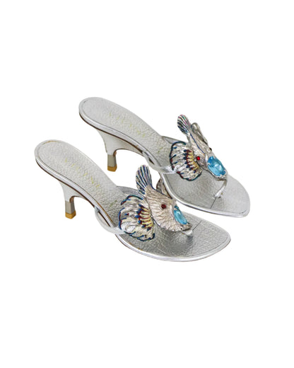 Vintage Vicini Giuseppe Zanotti Silver Fish Thong Mule Heels / 37 (US 7)