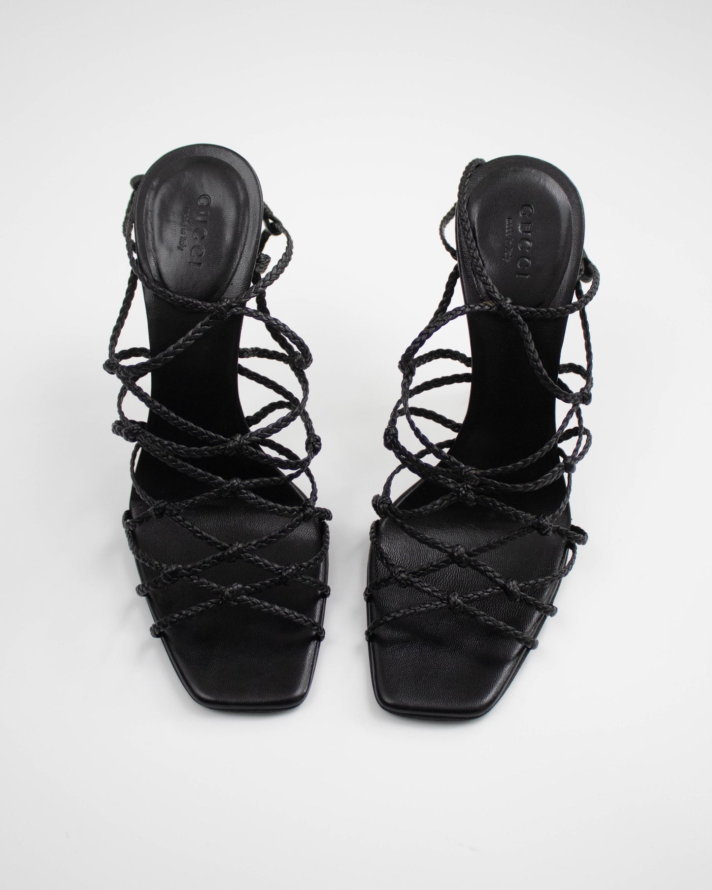 Vintage F/W 2002 Gucci by Tom Ford Black Braided Leather Stiletto Sandals / 37 (US 7)