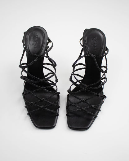 Vintage F/W 2002 Gucci by Tom Ford Black Braided Leather Stiletto Sandals / 37 (US 7)