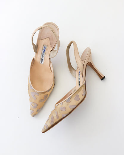 Vintage Manolo Blahnik Beige Carolyn Sheer Leopard Slingback Heels / 37.5 (US 7.5)