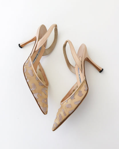 Vintage Manolo Blahnik Beige Carolyn Sheer Leopard Slingback Heels / 37.5 (US 7.5)