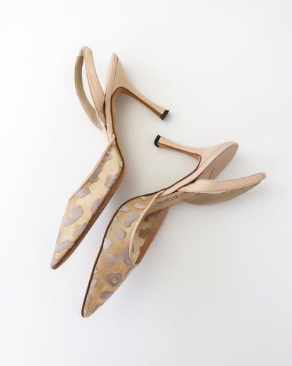 Vintage Manolo Blahnik Beige Carolyn Sheer Leopard Slingback Heels / 37.5 (US 7.5)
