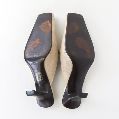 Vintage Gucci by Tom Ford Beige GG Logo Monogram Mules Square Toe Heels / 37 (US 7)