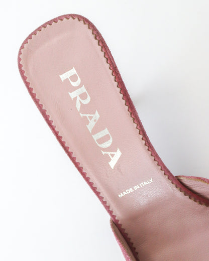 Vintage Prada Iconic Pink Suede Eyelet Bow Mule Heels / 36 (US 6)