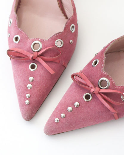 Vintage Prada Iconic Pink Suede Eyelet Bow Mule Heels / 36 (US 6)
