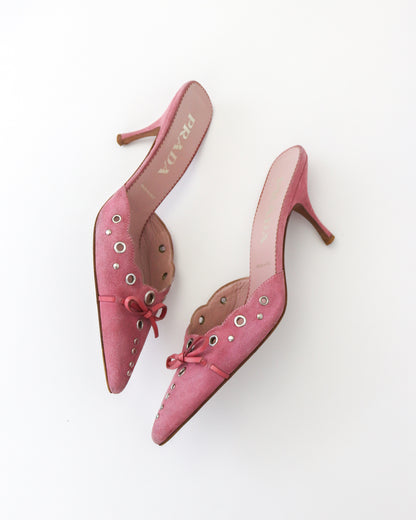 Vintage Prada Iconic Pink Suede Eyelet Bow Mule Heels / 36 (US 6)