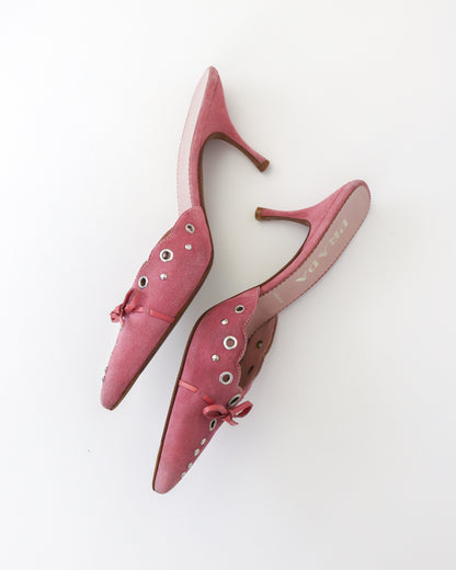 Vintage Prada Iconic Pink Suede Eyelet Bow Mule Heels / 36 (US 6)
