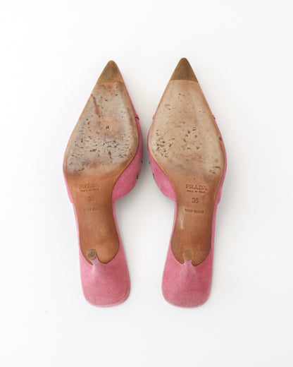 Vintage Prada Iconic Pink Suede Eyelet Bow Mule Heels / 36 (US 6)