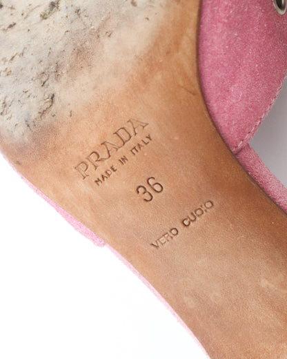 Vintage Prada Iconic Pink Suede Eyelet Bow Mule Heels / 36 (US 6)