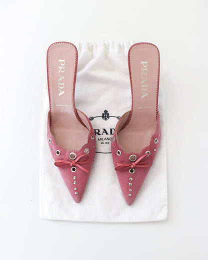 Vintage Prada Iconic Pink Suede Eyelet Bow Mule Heels / 36 (US 6)