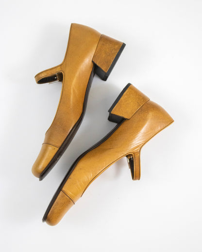 Vintage F/W 1996 Prada Antiqued Leather Mary Jane Heels / 38.5 (US 8.5)