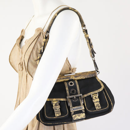 Vintage 2000 PRADA Nylon Reptile Leather Croc Trim Black Flap Bag