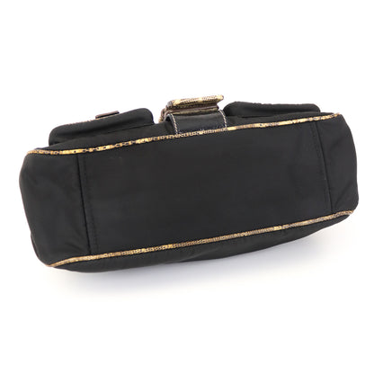Vintage 2000 PRADA Nylon Reptile Leather Croc Trim Black Flap Bag