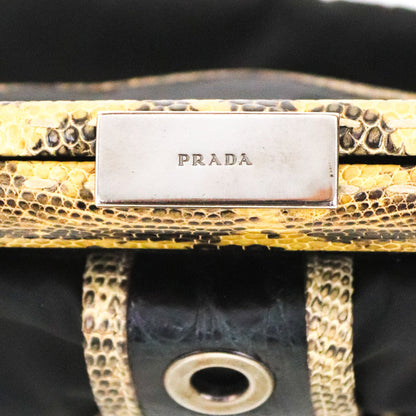 Vintage 2000 PRADA Nylon Reptile Leather Croc Trim Black Flap Bag