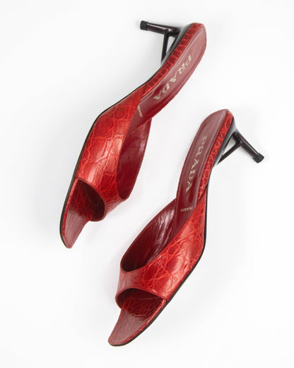 Vintage S/S 2000 Prada Red Croc Kitten Heel Mules / 38.5 (US 8.5)