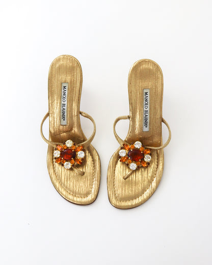 Vintage Manolo Blahnik Gold Bejeweled Thong Mule Heels / 36.5 (US 6.5)
