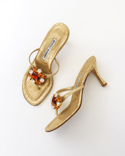 Vintage Manolo Blahnik Gold Bejeweled Thong Mule Heels / 36.5 (US 6.5)
