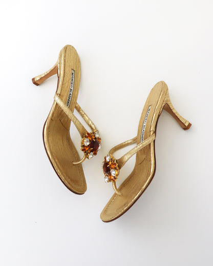 Vintage Manolo Blahnik Gold Bejeweled Thong Mule Heels / 36.5 (US 6.5)