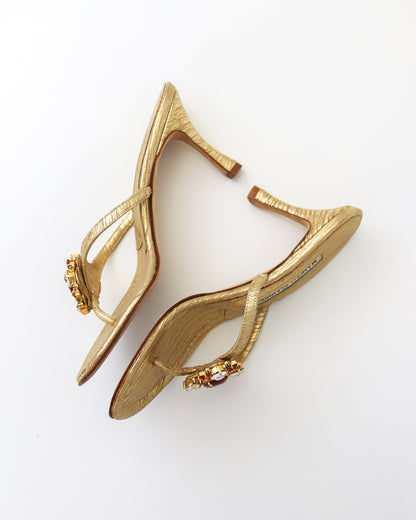 Vintage Manolo Blahnik Gold Bejeweled Thong Mule Heels / 36.5 (US 6.5)
