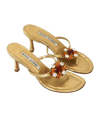 Vintage Manolo Blahnik Gold Bejeweled Thong Mule Heels / 36.5 (US 6.5)