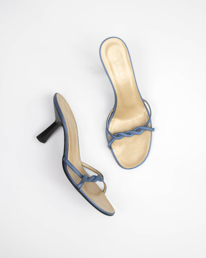 Vintage 1990s Gucci by Tom Ford Blue Satin Twisted Mule Heels / 38 (US 8)