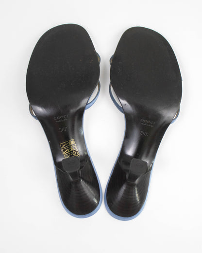 Vintage 1990s Gucci by Tom Ford Blue Satin Twisted Mule Heels / 38 (US 8)