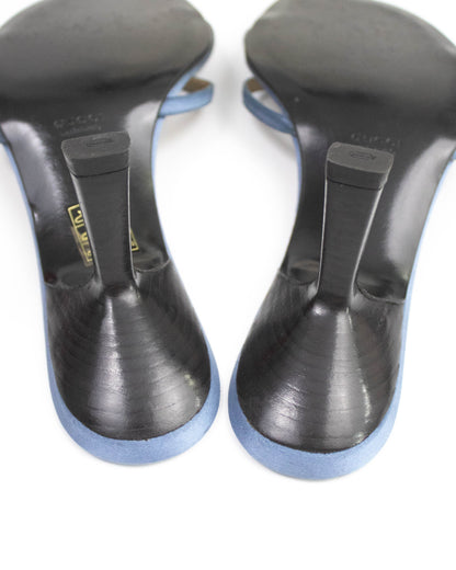 Vintage 1990s Gucci by Tom Ford Blue Satin Twisted Mule Heels / 38 (US 8)